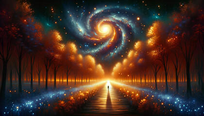 Naklejka premium Surreal landscape with a person walking on a wooden path towards a vibrant galactic vortex in a forest under a starry sky. Spiritual concept. AI generated.