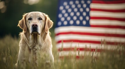 A canine resting on the lawn with the banner of the United States displayed behind it.
