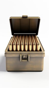 3D Render Illustration of a Closed Rifle Ammunition Box with Munition, Bullets, Rounds, and Projectiles Inside Isolated on White.