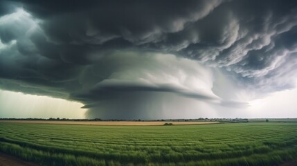 A menacing tempest with a shelf formation and torrential downpour of hail and rain looming upon a Kansas farm field.