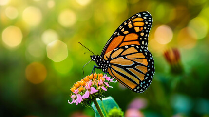 Fototapeta na wymiar butterfly feeding on a flower. Beautiful image in nature of monarch butterfly flower. AI Generative