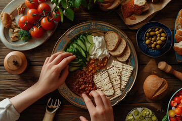 Hands Engaging with Seder Plate - obrazy, fototapety, plakaty