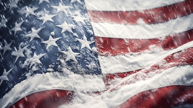 American Flag on Flag Pole Enduring Falling Snow