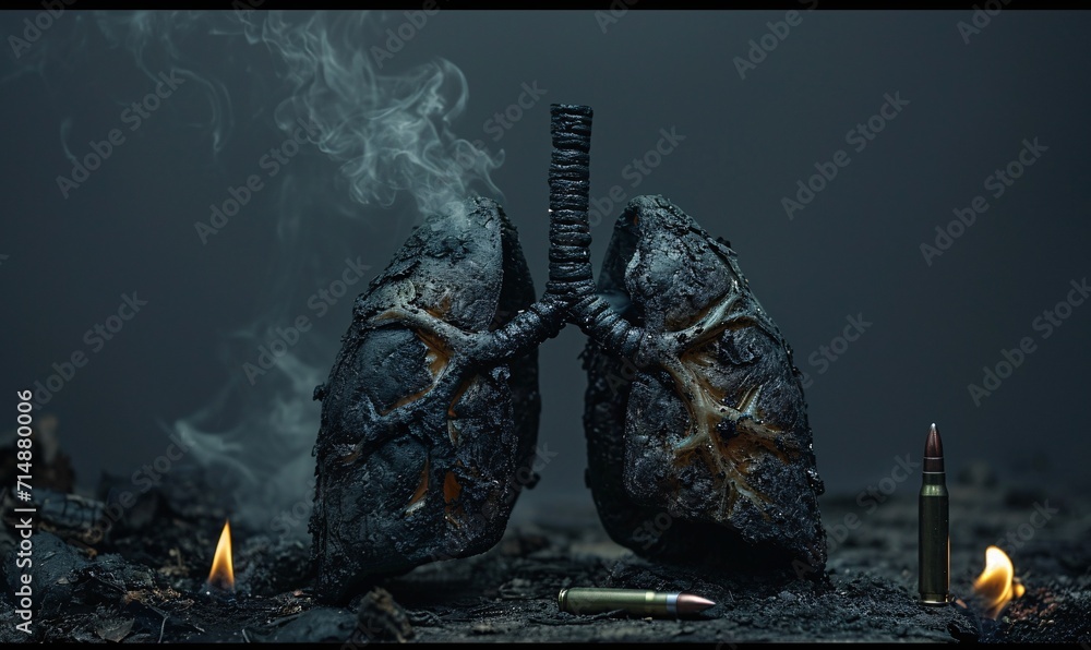 Poster a close-up of a blackened lung with a bullet hole generative ai