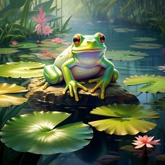 Fototapeta premium Frog sitting on lilypad picture