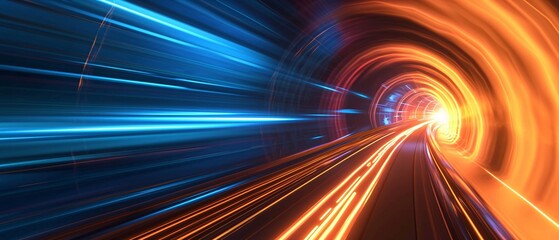 Fototapeta na wymiar Fast-moving light tunnel with blue and orange hues Generative AI