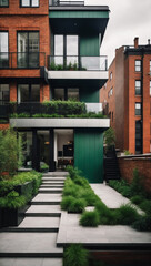 Modern townhouse blending brick and steel white 4 floors soho style with roof deck taking inspiration from the Mobius strip with a green roof  - obrazy, fototapety, plakaty