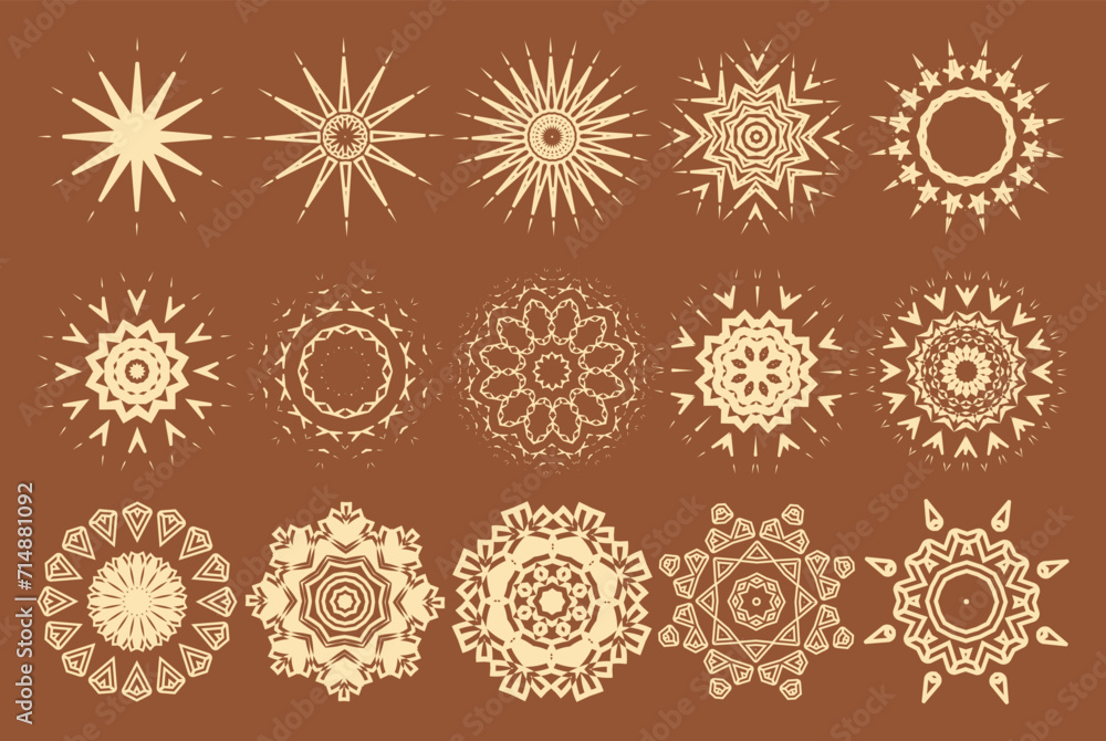 Poster 15 stars and snowflakes on a brown retro background. various decorative elements for your project. v