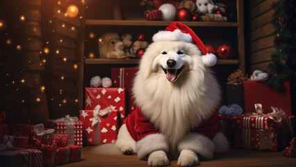 Samoyed wearing Santa Claus costume sitting with Christmas tree as background