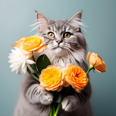 Fluffy beautiful cat gives a bouquet of flowers. Card for birthdays, mother's day, Valentine's day, women's day.