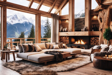 Luxury wooden chalet with fireplace. Interior design of modern living room with mountain view