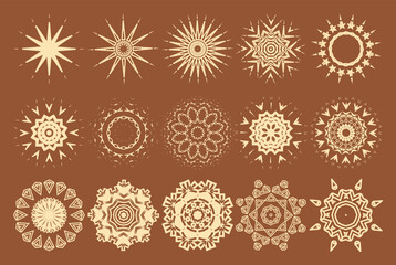 15 stars and snowflakes on a brown retro background. Various decorative elements for your project. Vector set