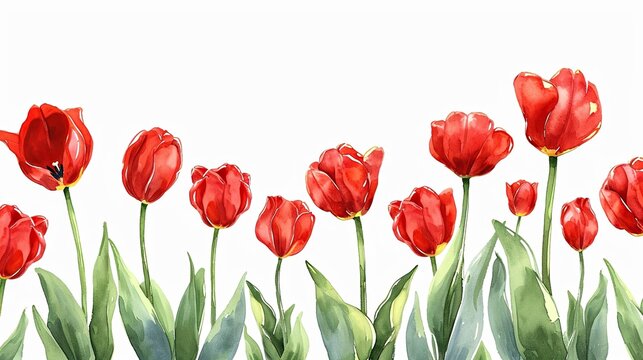 Red tulips on white background, sketch illustration, banner