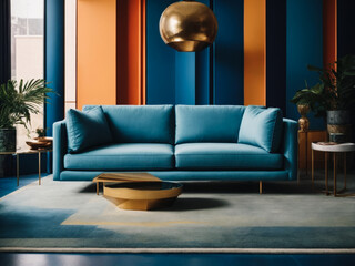 Memphis Marvel Abstract Geometric Furniture Surrounds Blue Sofa in Modern Living Room