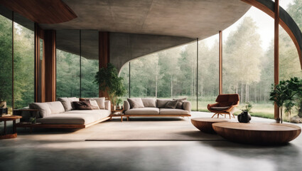 Fototapeta premium Minimalist and luxury interior home design, synthetic architecture building made from concrete and wood and glass, surrounded by a beautiful forest