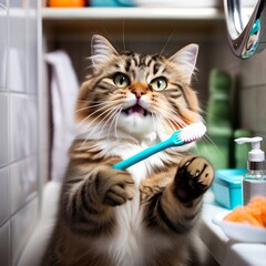 A domestic cat holds a toothbrush in its paws. Hygiene concept.