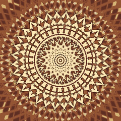 Obraz premium Openwork beige mandala with lace effect on a brown textured background. Version No. 2. Vector illustration