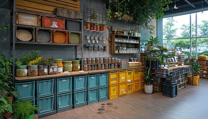 modern eco-friendly cafe counter with the word “ECO”, Bar top made of natural wood. A room with green plants. The aesthetics are clean and natural, with a calm and cozy atmosphere
