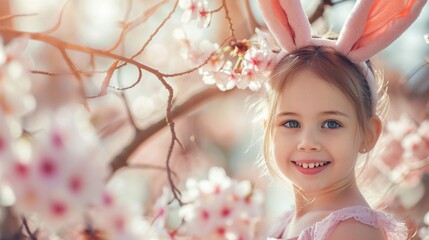 A joyful youngster sporting rabbit ears finds a secret Easter egg behind a cherry blossom