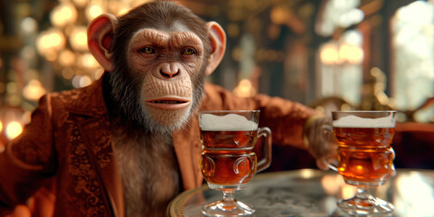 Chipanzee in a brown corduroy jacket drinks a glass of beer in a bar Pub, banner, poster
