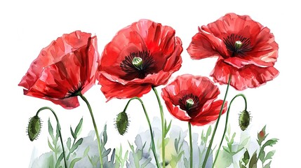 Red poppies on white background, sketch illustration