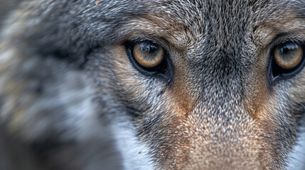 beautiful eyes of a wild wolf. Portrait from animal. Timber Wolf yellow eyes closeup. AI Generative
