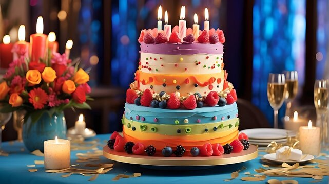 birthday cake with candle A three-story symphony of delight, the Celebration Extravaganza features a vibrant birthday cake illuminated by candles. Its layers of decadence and vibrant hues elevate the 