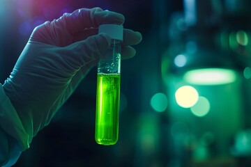 A green liquid in a clear glass vial. Generative AI