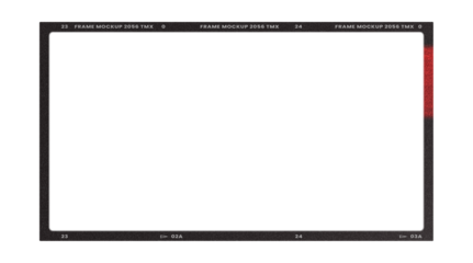 Camera transparent film strip mockup, isolated on white background template frame, real high-res 35mm photo scan analogue sheet negative