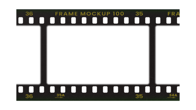 Camera transparent film strip mockup, isolated on white background template frame, real high-res 35mm photo scan analogue sheet negative