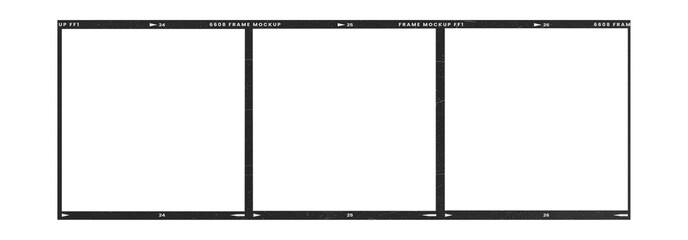 Camera transparent film strip mockup, isolated on white background template frame, real high-res 35mm photo scan analogue sheet negative