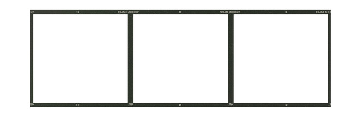 Camera transparent film strip mockup, isolated on white background template frame, real high-res 35mm photo scan analogue sheet negative