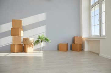 Unpacked cardboard boxes with things and a green plant are stacked on the floor in the empty living room in new apartment. Relocating, moving, delivery, real estate or mortgage concept.