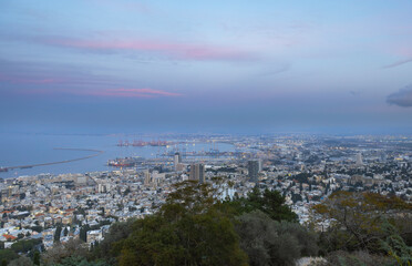 view from Mount Carmel to the evening Haifa Bay