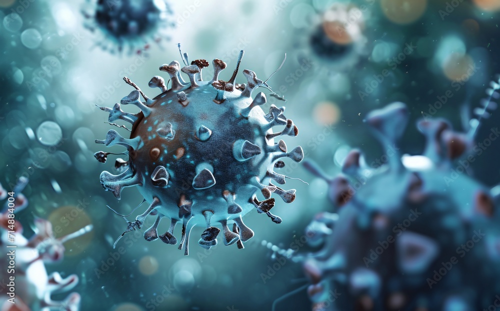 Poster a close-up of a virus cell with a blue background generative ai