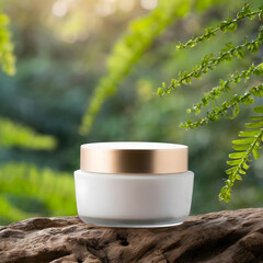 Front view of cosmetic cream jar product display mockup on nature