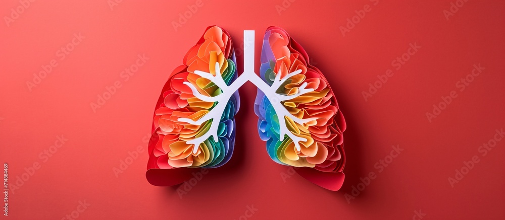 Poster colorful lung model on red background generative ai