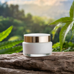 Front view of cosmetic cream jar product display mockup on nature