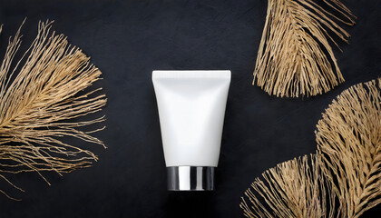 Blank cream bottle mockup on black background