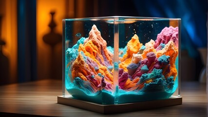 candles in a glass,Abstract artwork created with kinetic sand inside a cube-shaped glass tank, perfect for home décor2