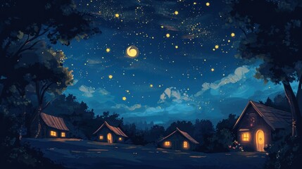 Night, cozy atmosphere under the stars in the sky, illustration for podcast. - obrazy, fototapety, plakaty