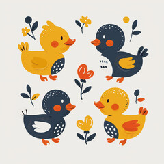 Obraz premium Clipart set of 4 simple abstract happy ducks by Generative AI