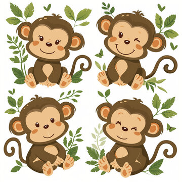 Clipart set of 4 simple abstract happy monkeys by Generative AI