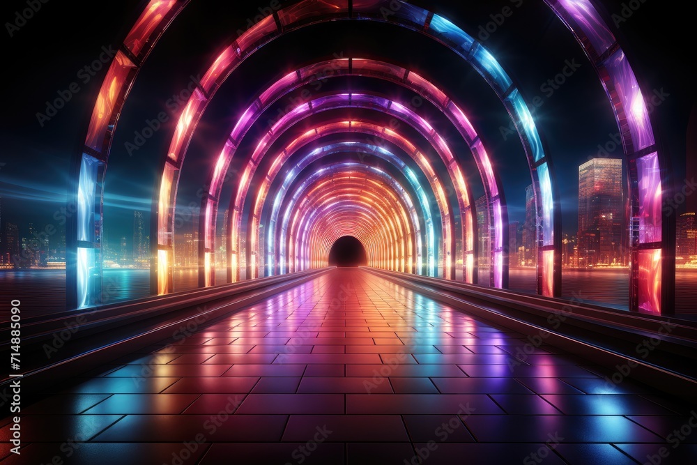 Poster A vibrant subway tunnel illuminated by an array of colorful lights, beckoning travelers to journey through the bustling infrastructure and into the night