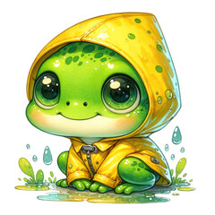 Cute Frog in Yellow Raincoat Cartoon Illustration - Adorable watercolor illustration of a cheerful frog wearing a yellow raincoat with a hood, evoking a sense of childhood joy.