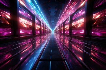 Fototapeta na wymiar A vibrant and mysterious journey awaits as the neon purple lights guide you down the long magenta corridor on a dark night, illuminating the way with their mesmerizing glow