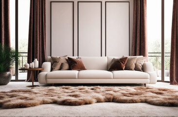Shaggy fur rug near white tufted sofa. Minimalist luxury home interior design of modern living room in villa