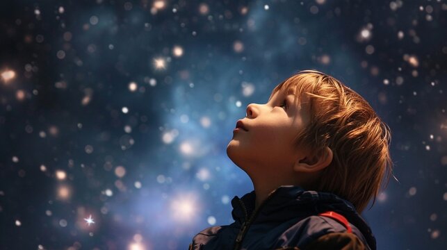The sheer joy on a young boy's face as he witnesses a spectacular Easter egg fireworks display in the night sky
