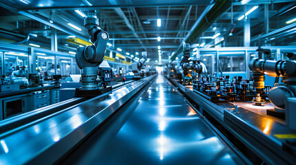 Modern industrial factory production line, emphasizing technology and efficiency in the manufacturing process