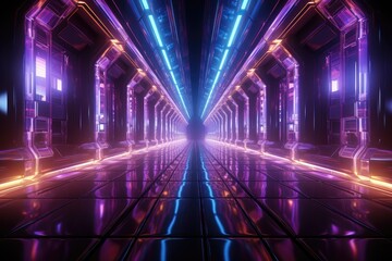 A vibrant neon purple corridor illuminated by electric lights and laser beams, creating a mesmerizing scene that evokes a sense of futuristic wonder and a touch of mystery in the midst of the dark ni